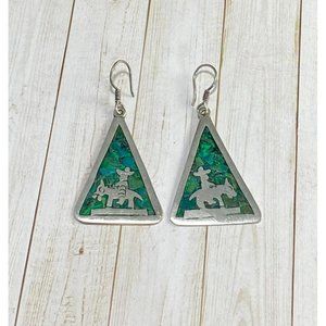 Taxco Mexico 925 Earrings Turquoise Inlay Man Riding Donkey Artist JGC